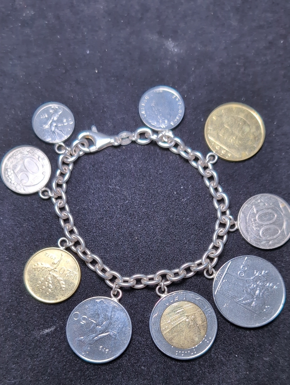 Italy 1970s-90s Pre-euro Coin Charm Bracelet 925 Clasp
